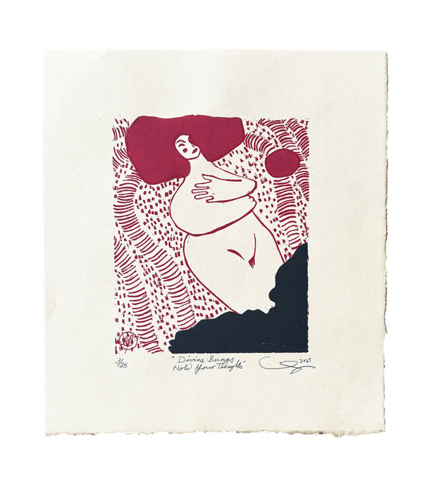 "Divine Beings Hold Your Thoughts" / Limited Edition Linocut Print